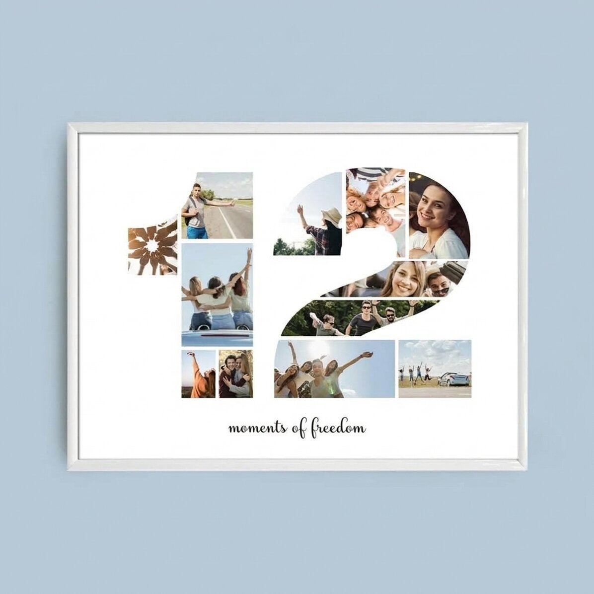 Cuadro paisajístico personalizado con 12 fotos, modelo número 12, y mensaje de texto