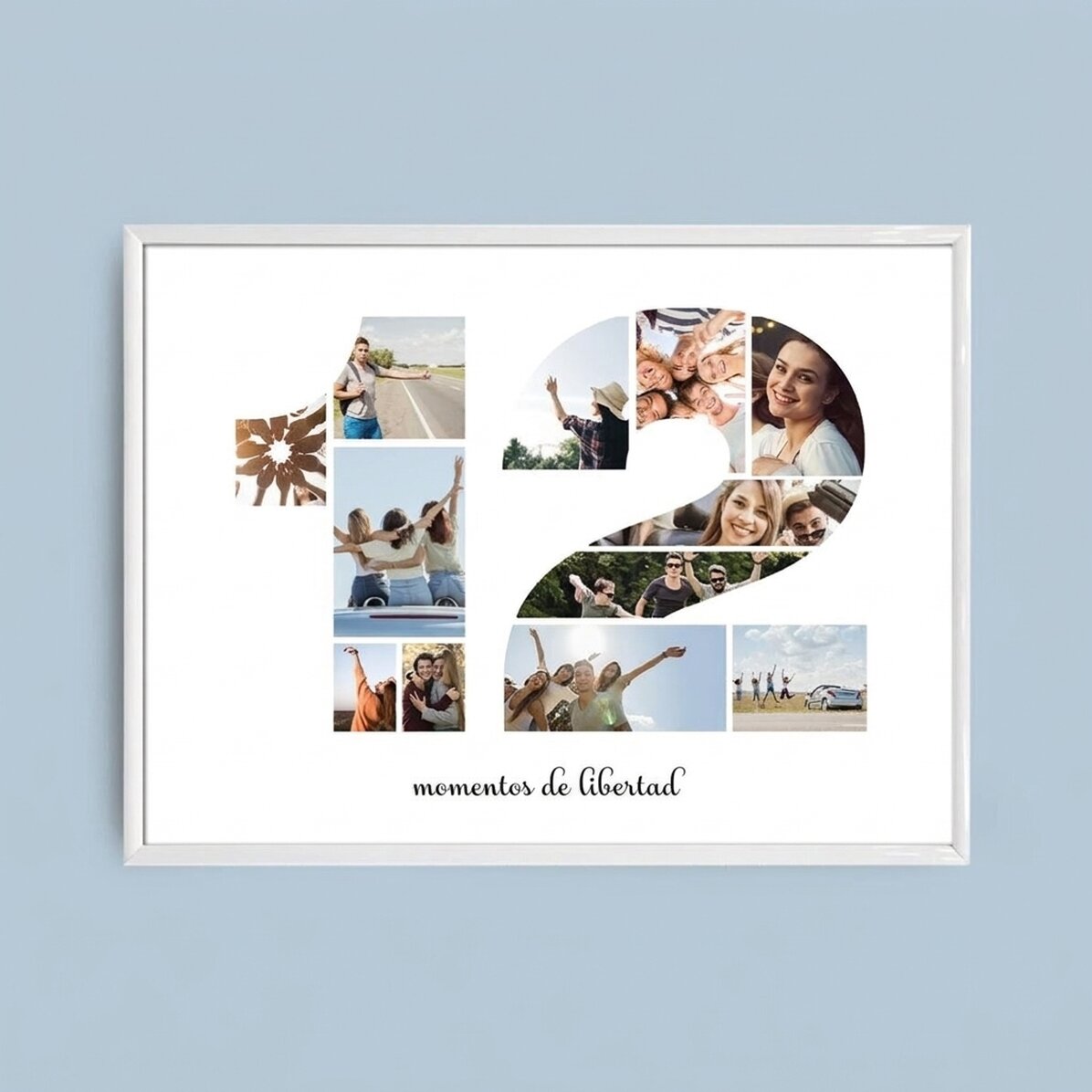 Cuadro paisajístico personalizado con 12 fotos, modelo número 12, y mensaje de texto