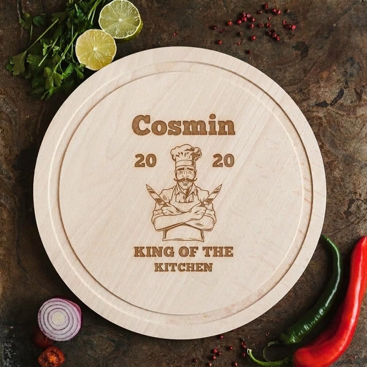 Customised round chopping board - King of the Kitchen