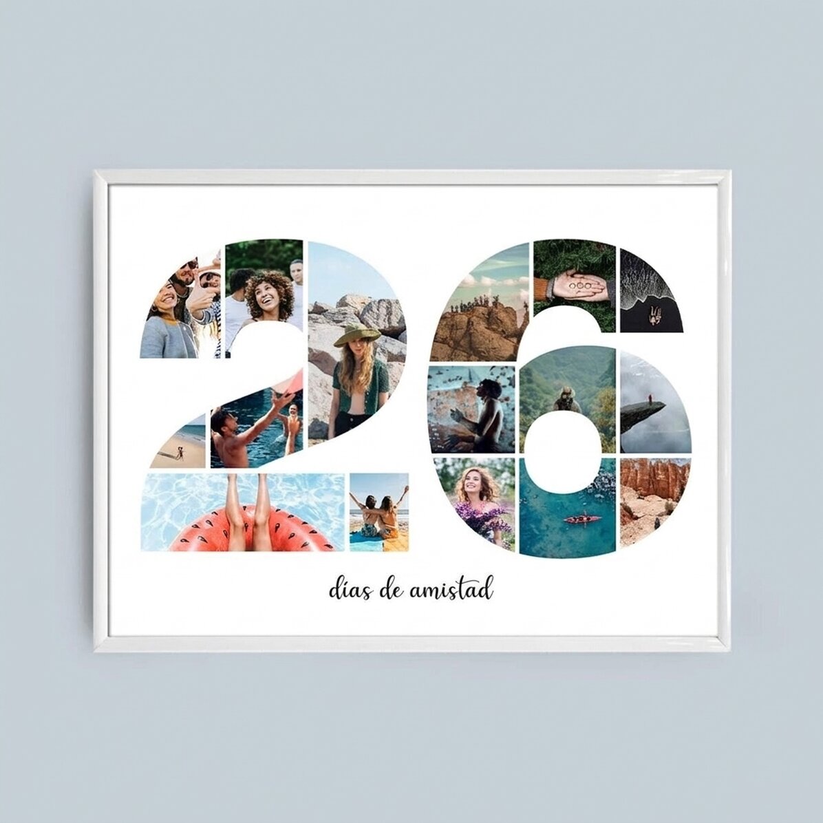 Cuadro paisajístico personalizado con 16 fotos, modelo n.º 26, y mensaje de texto