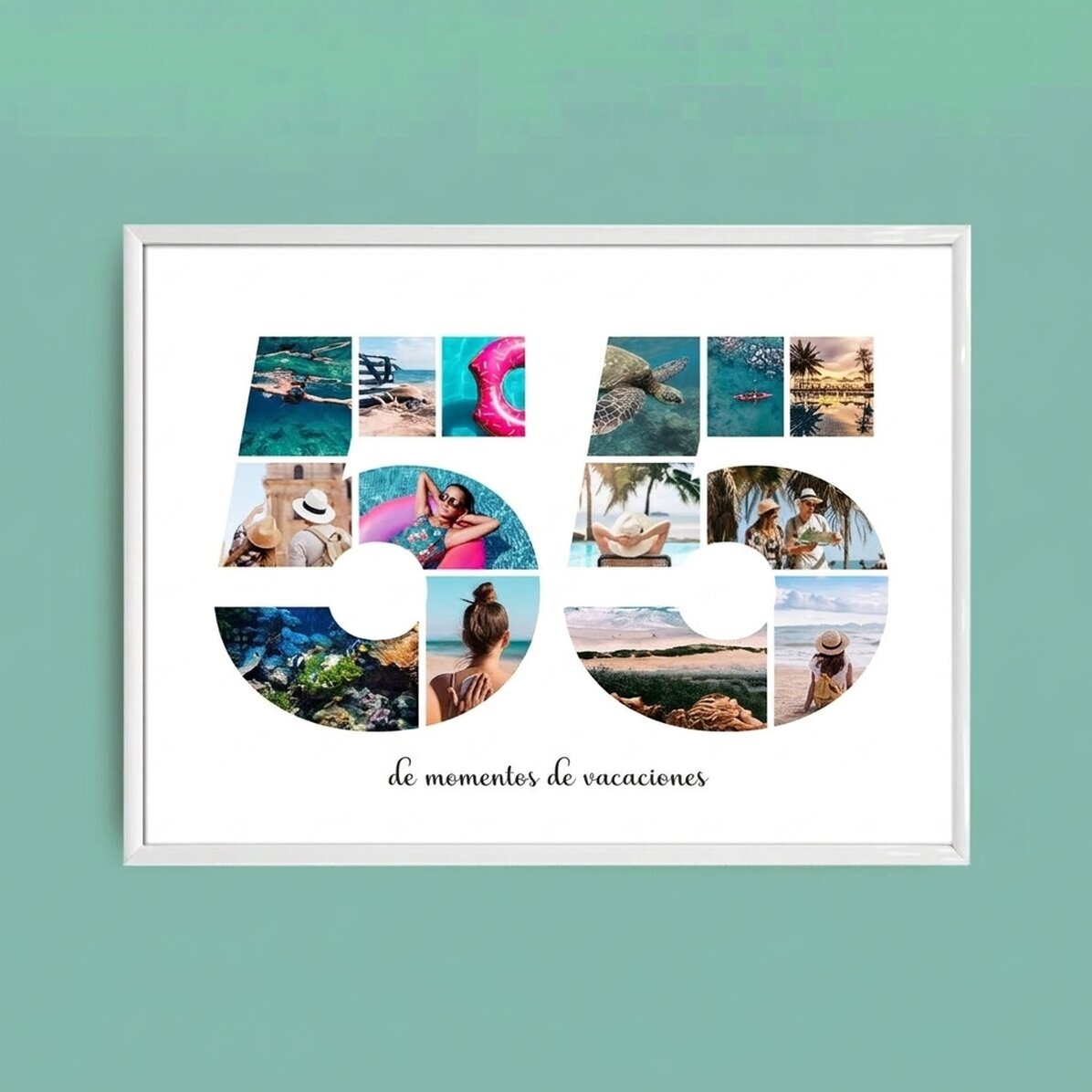Cuadro paisajístico personalizado con 14 fotos del modelo n.º 55 y un mensaje de texto