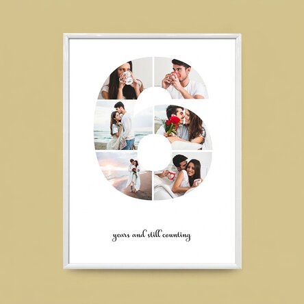 Personalised canvas with 6 photos, model number 6, and text message