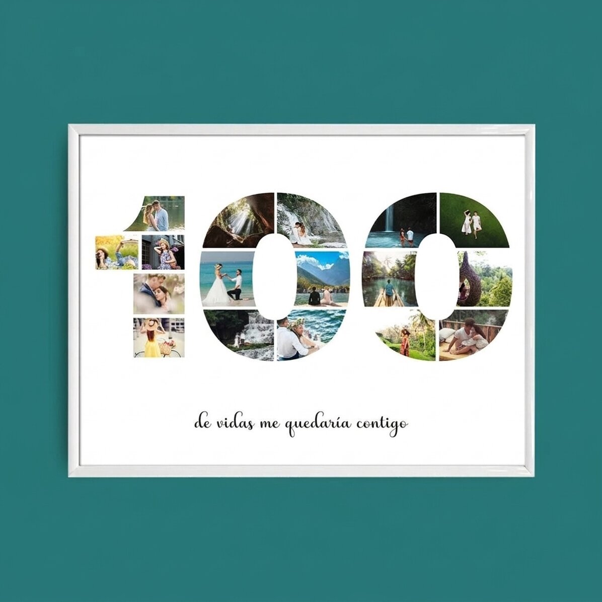 Cuadro paisajístico personalizado con 17 fotos del modelo número 100 y un mensaje de texto