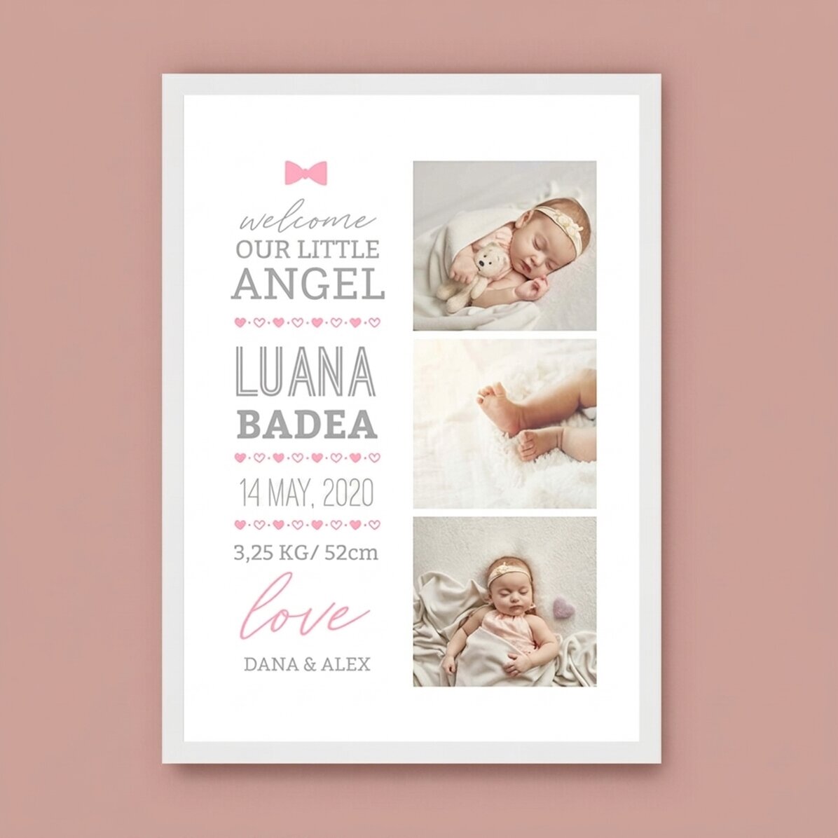 Cuadro personalizado con texto y 3 fotos - Hello, baby (Niña)