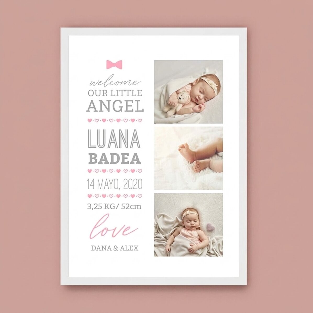 Cuadro personalizado con texto y 3 fotos - Hello, baby (Niña)