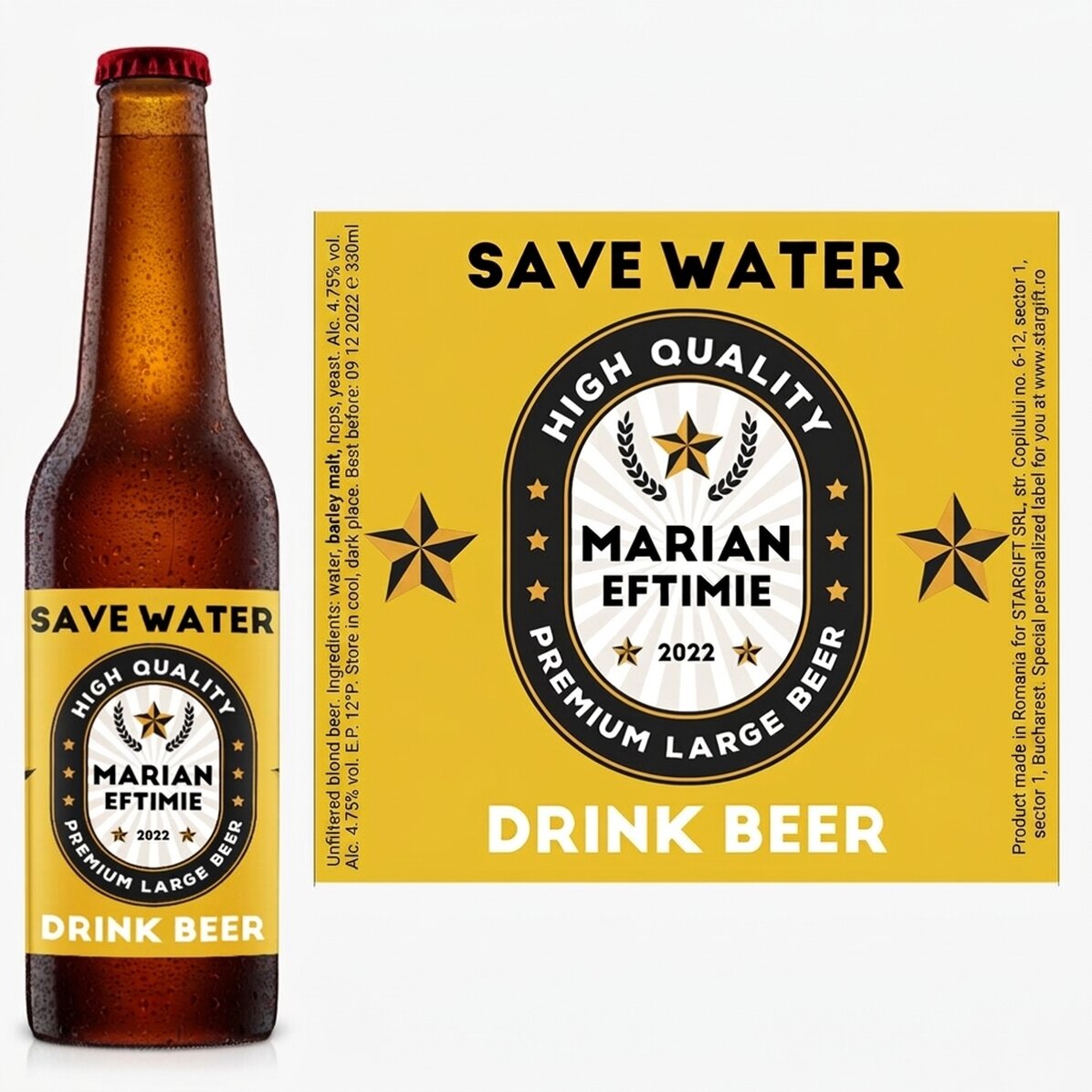 Cerveza personalizada con texto: «Save water, drink beer»