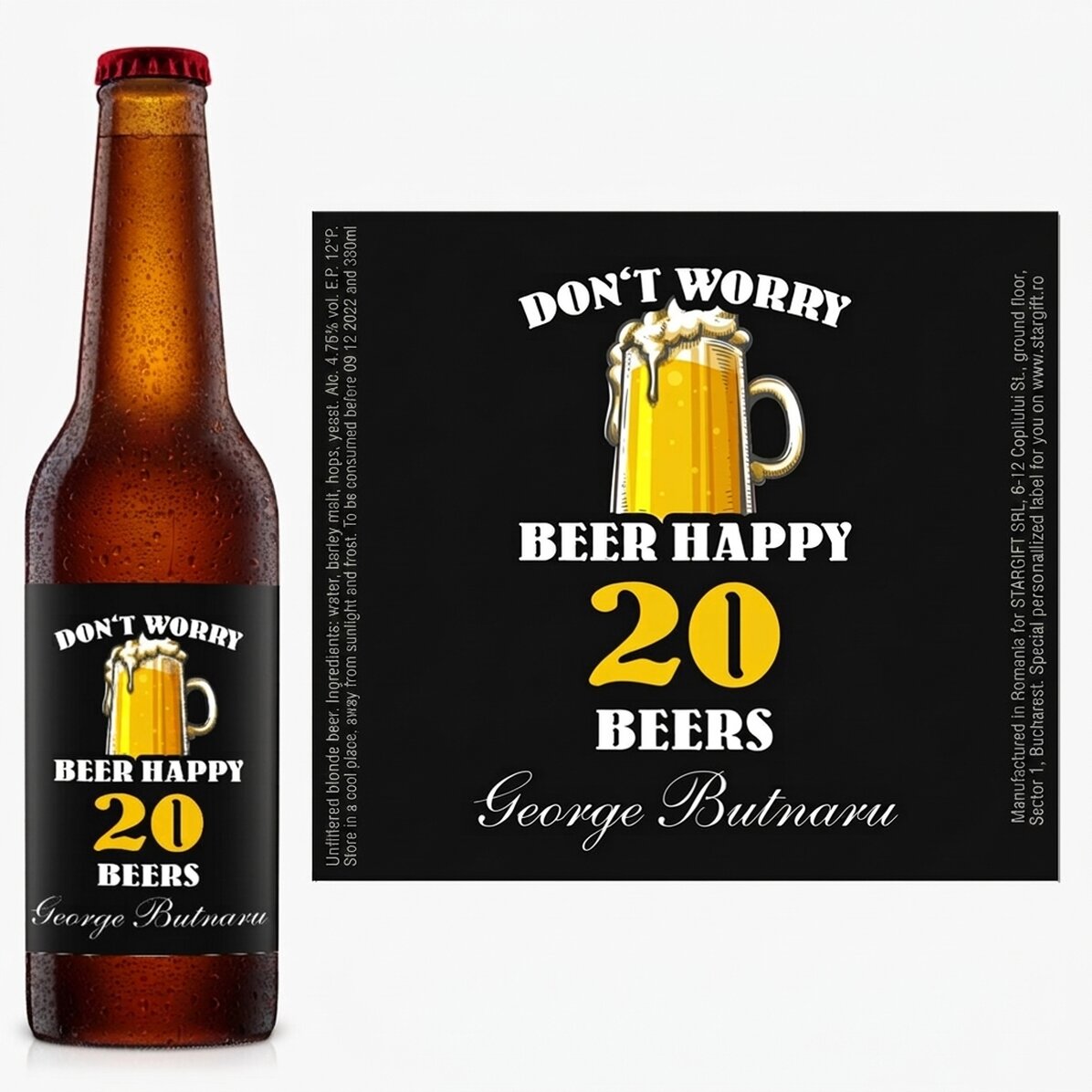 Cerveza personalizada con texto: «¡Beer happy!»