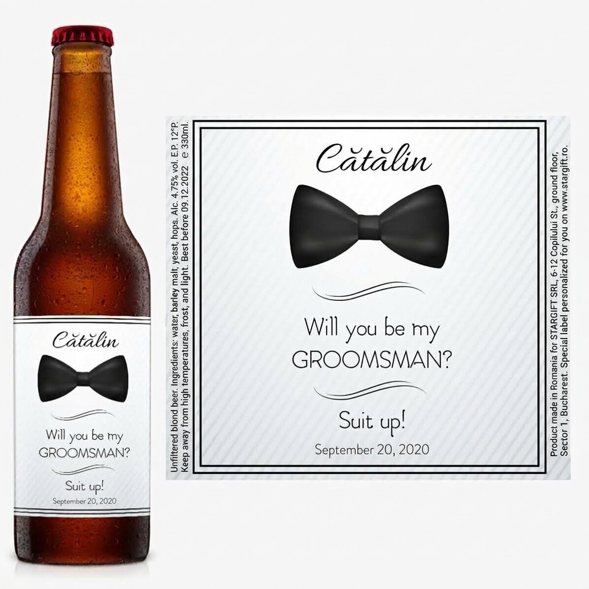 Cerveza personalizada con texto: «¿Quieres ser mi padrino de boda?»