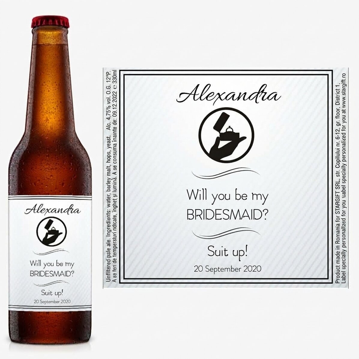Cerveza personalizada con texto: «¿Quieres ser mi dama de honor?»