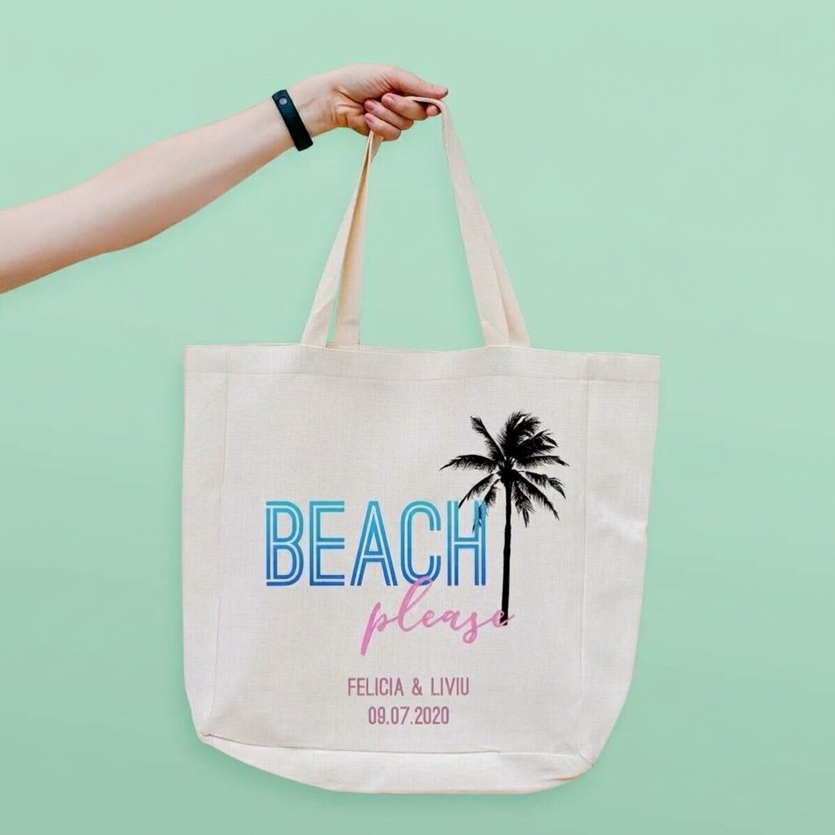 Bolso de playa personalizado con texto: «Beach please»