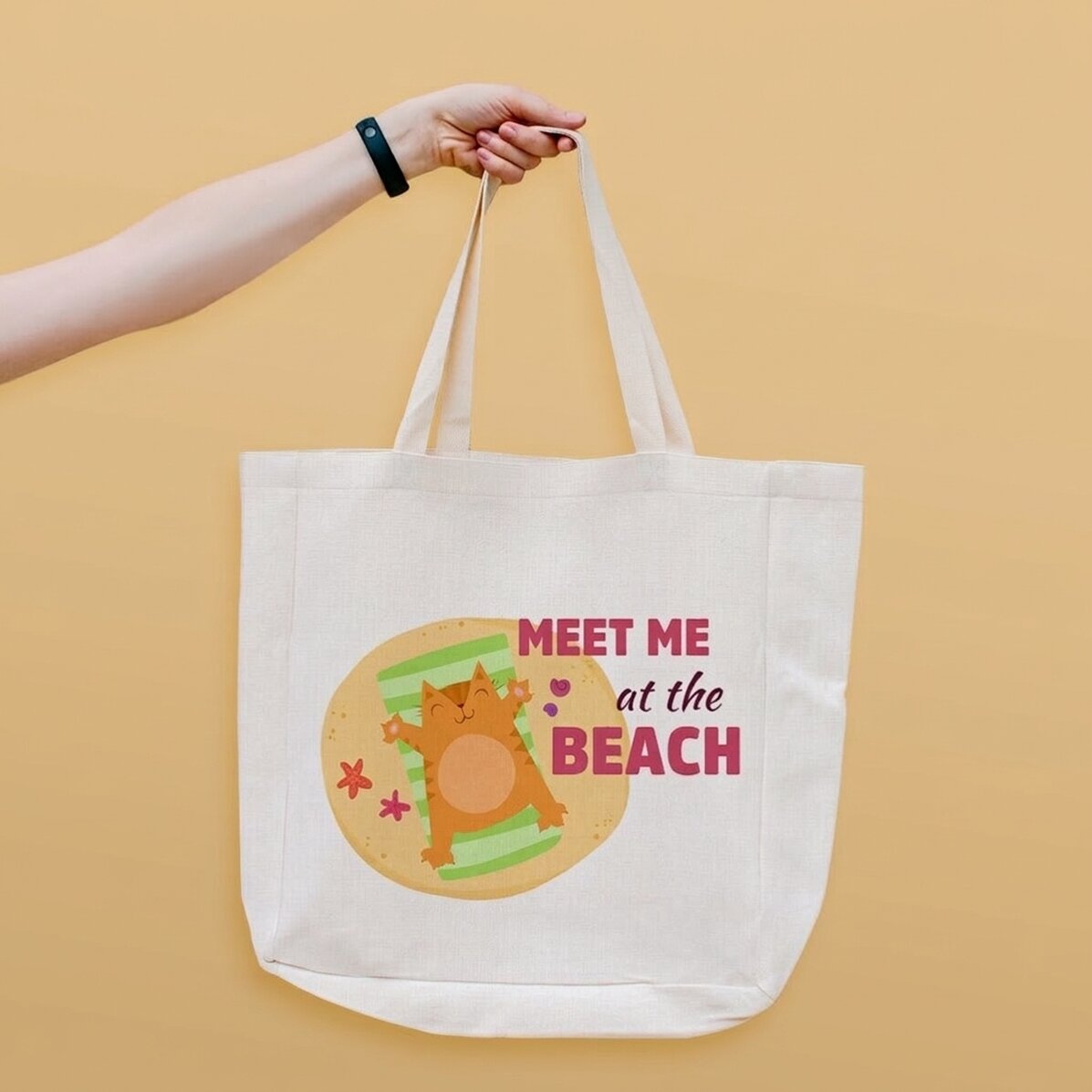 Bolso de playa personalizado con texto: «Meet me at the beach»