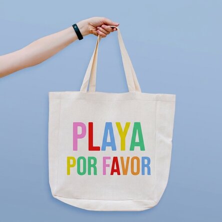 Bolso de playa personalizado con el texto «Beach please», multicolor