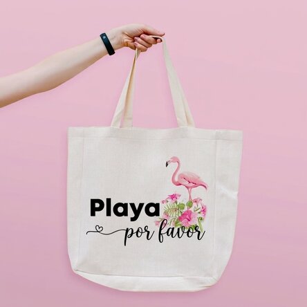 Bolso de playa personalizado con texto - Modelo «Beach please» con flamencos