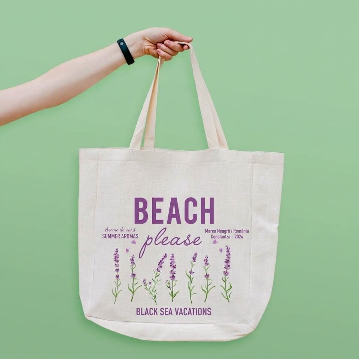 Bolso de playa personalizado con texto - Modelo «Beach please» en color lavanda