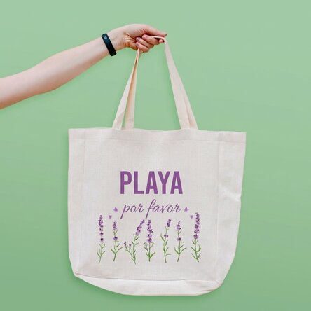 Bolso de playa personalizado con texto - Modelo «Beach please» en color lavanda
