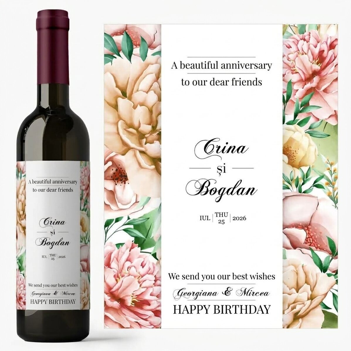 Vino personalizado con texto: «Feliz aniversario»