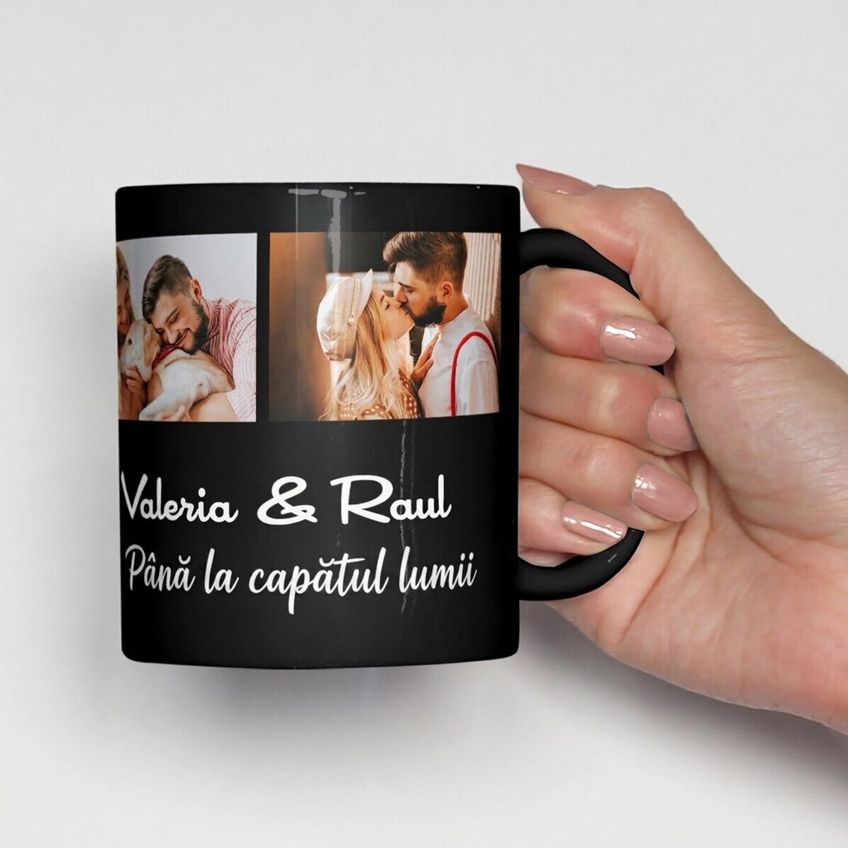 Taza negra personalizada con 3 fotos y texto
