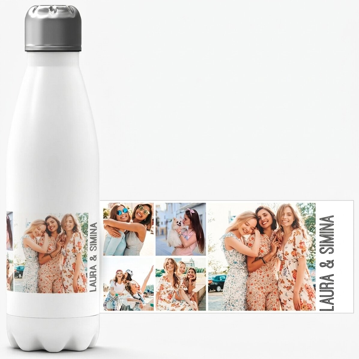 Termo con base blanca personalizado con 5 fotos y texto