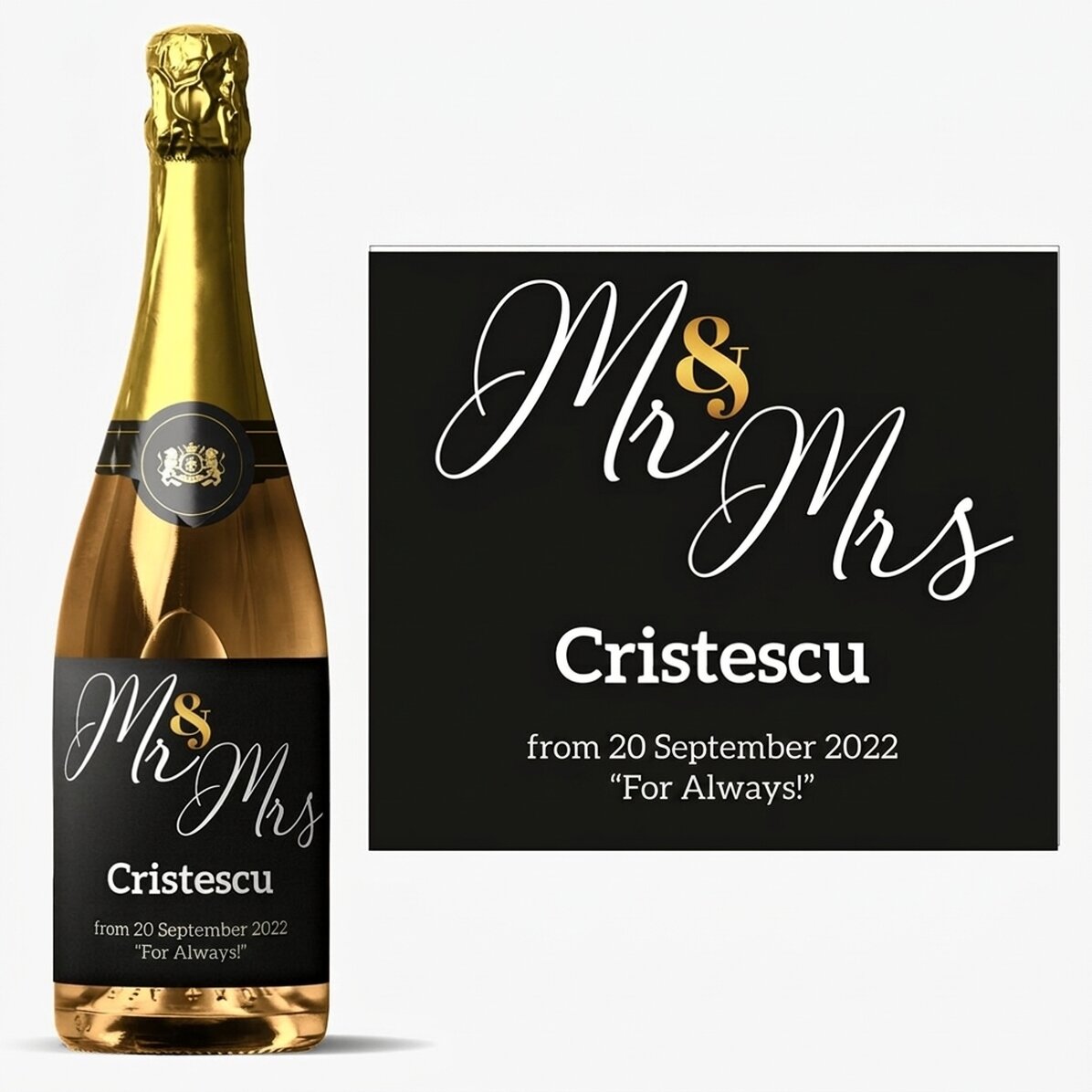 Vino espumoso personalizado con texto: «Celebrating life»