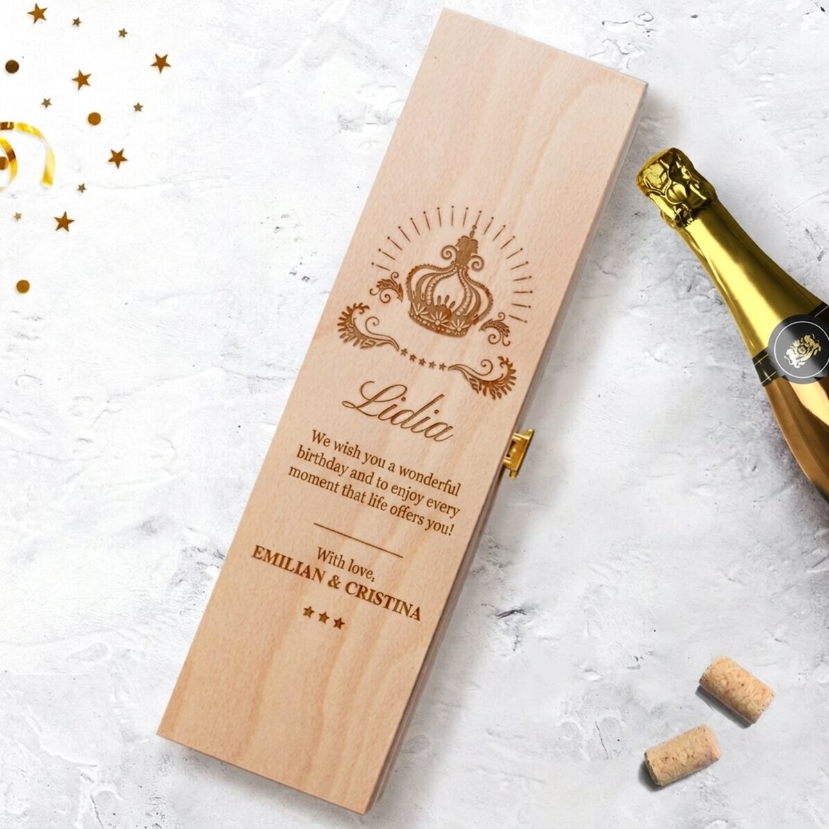 Caja de vino espumoso personalizada con texto - Crown