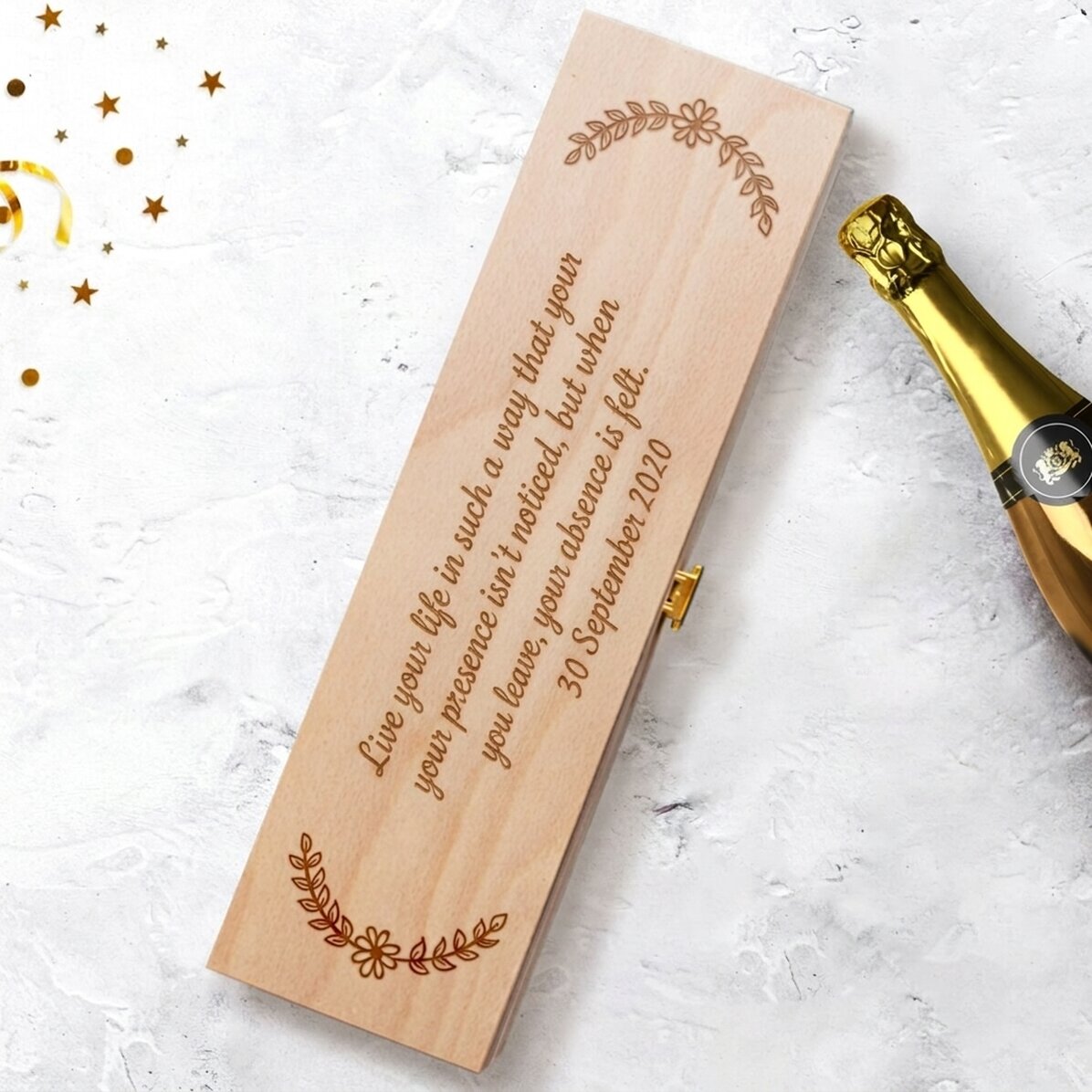 Caja de vino espumoso personalizada con mensaje