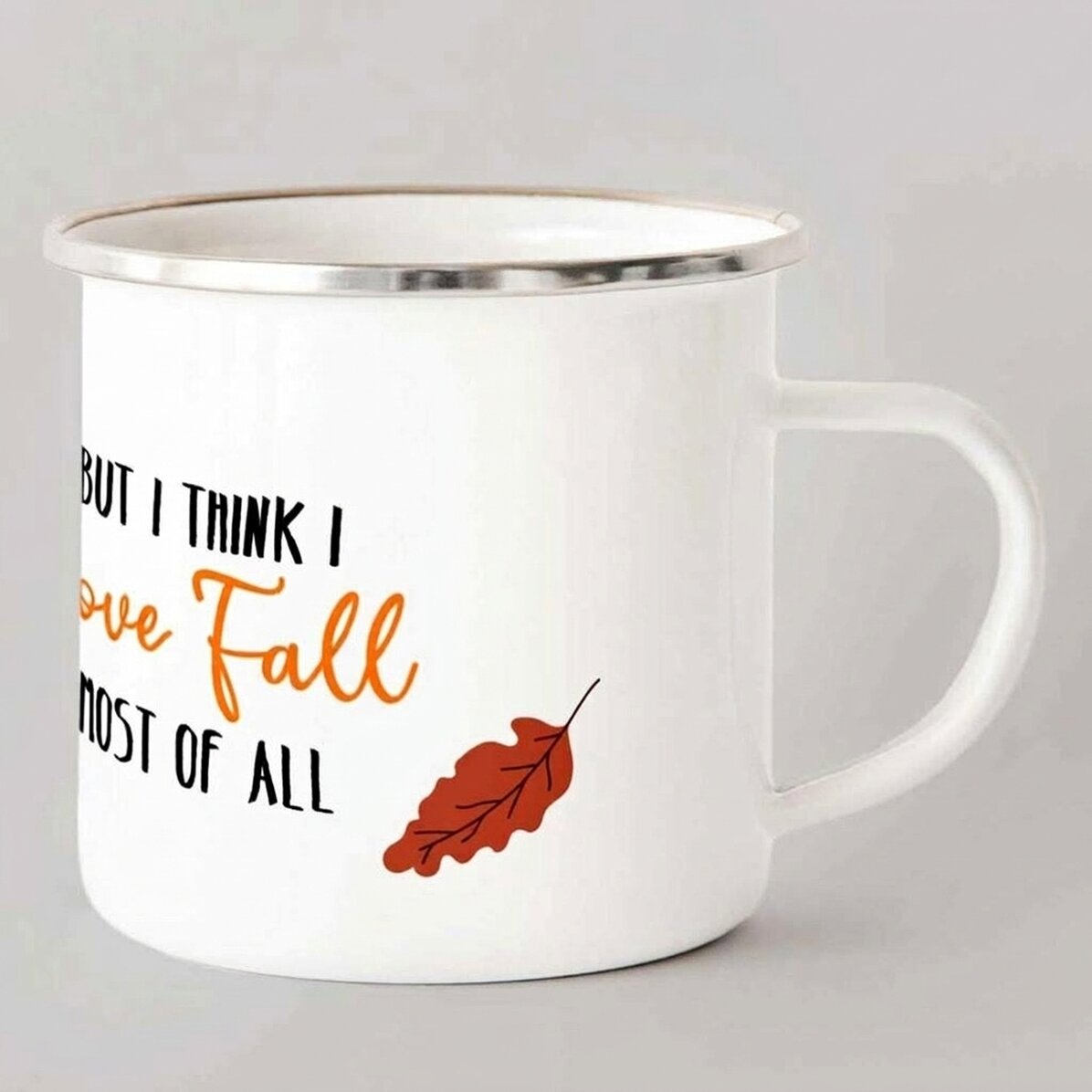 Taza metálica esmaltada con la inscripción «I love fall»