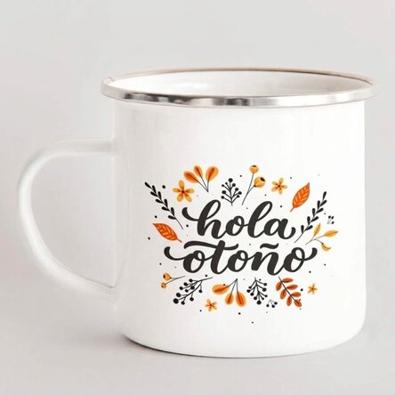 Taza metálica esmaltada con la inscripción «hello autumn»
