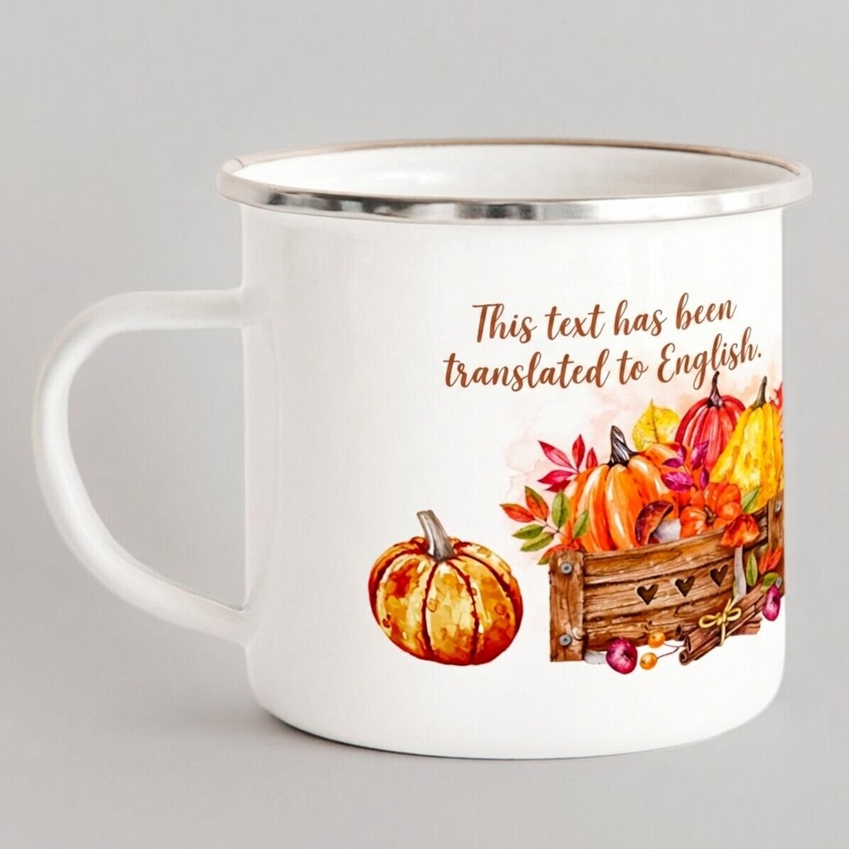Taza metálica esmaltada con la inscripción «Hello, pumpkin»