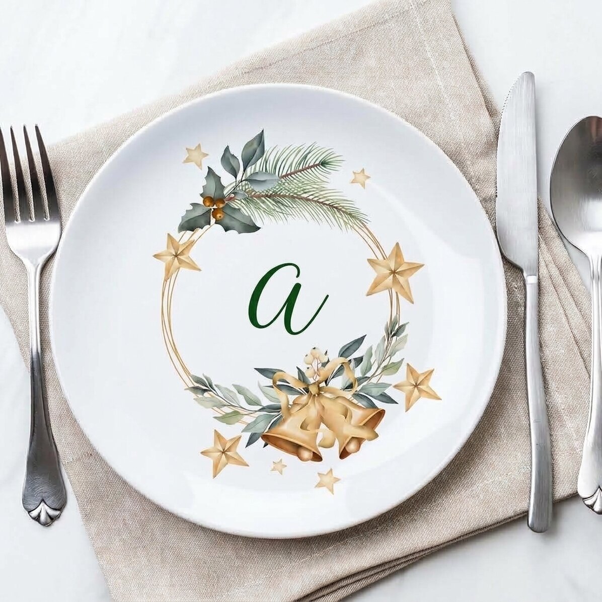 Plato personalizado con inicial - Golden Christmas Bells