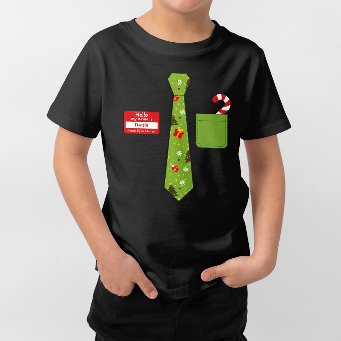 Camiseta de algodón para niños personalizada con texto - La corbata de Navidad