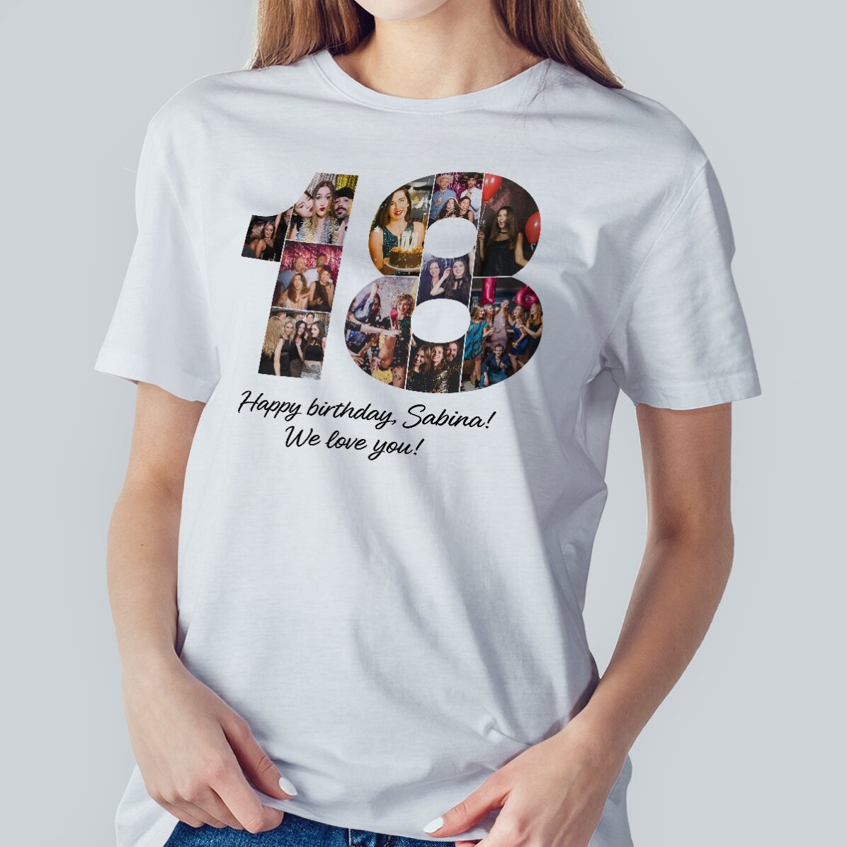Camiseta de algodón personalizada con 11 fotos y texto para celebrar los 18 años