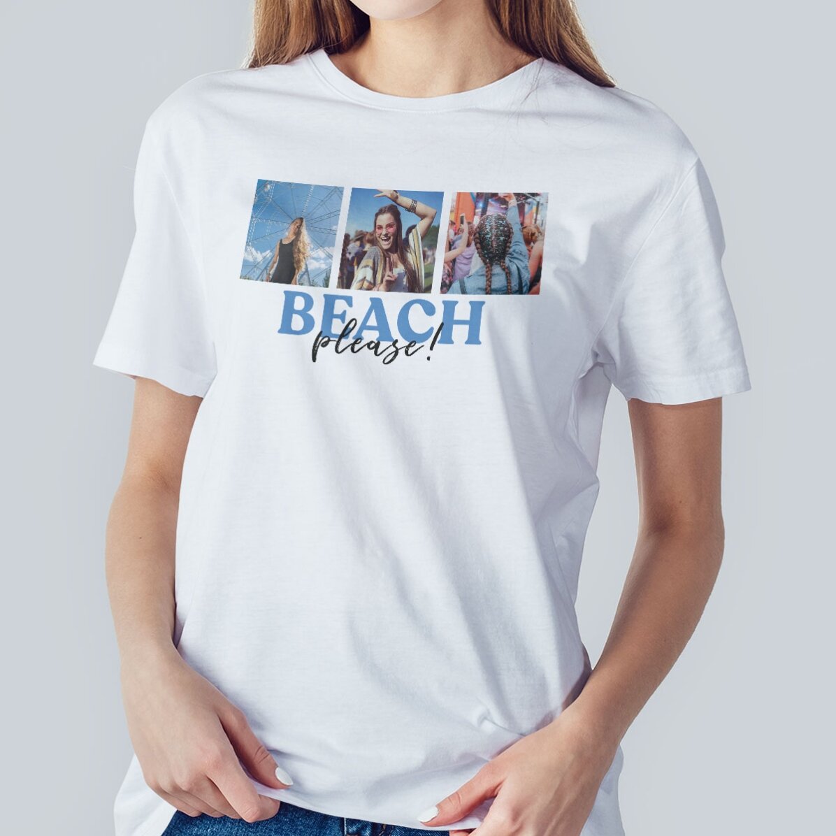 Camiseta de algodón personalizada con 3 fotos y un mensaje: «¡Beach, please!»