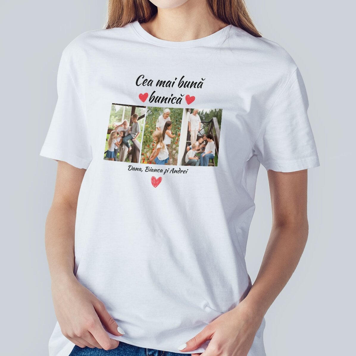 Camiseta de algodón personalizada con 3 fotos y texto: «Los mejores abuelos»