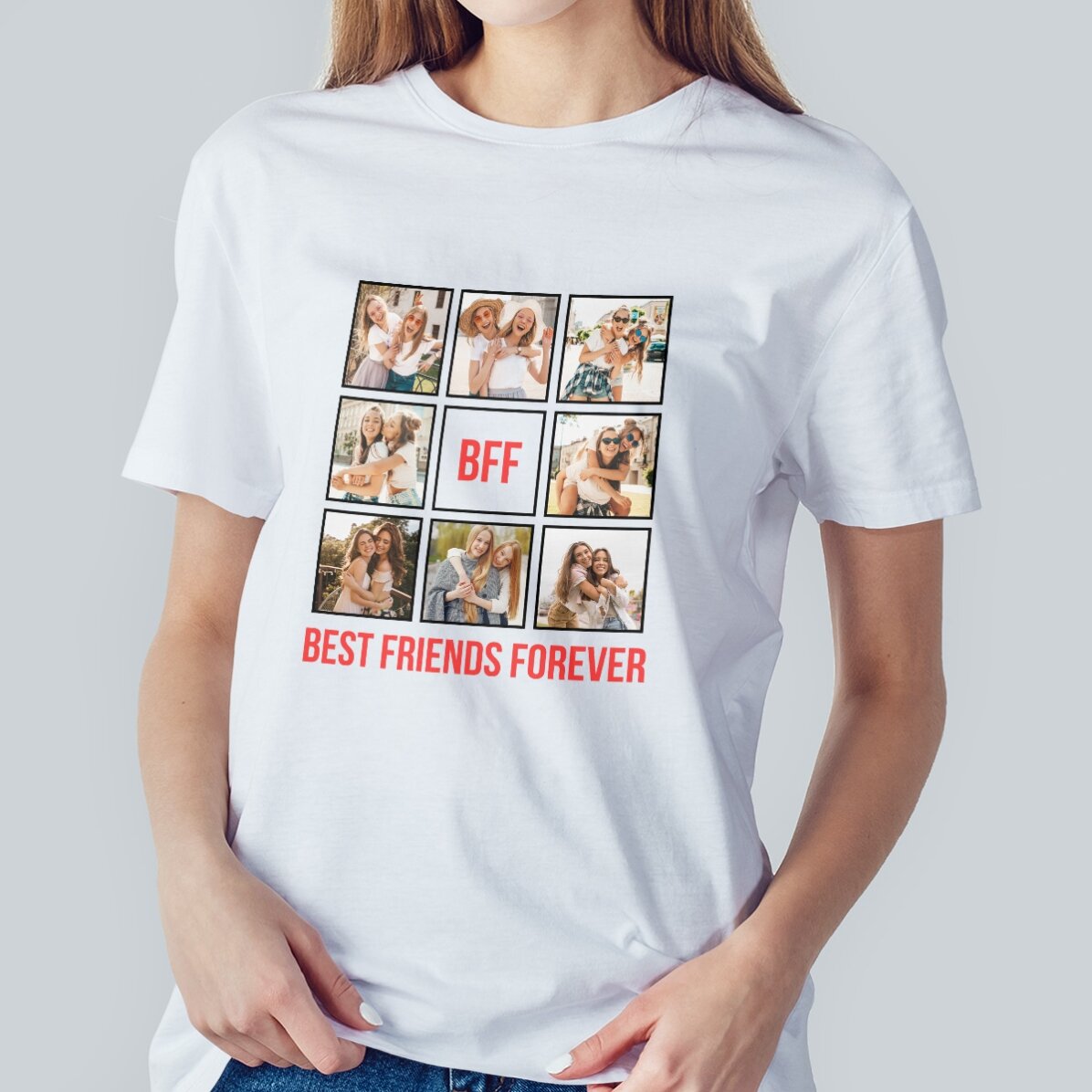 Camiseta de algodón personalizada con 8 fotos y texto - Best Friends Forever