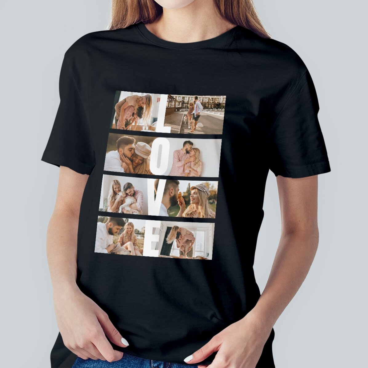 Camiseta de algodón personalizada con 8 fotos y texto - LOVE