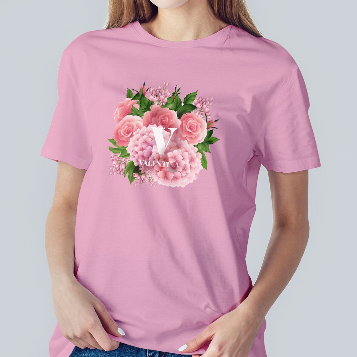 Camiseta de algodón personalizada con iniciales y nombre - Flores de primavera