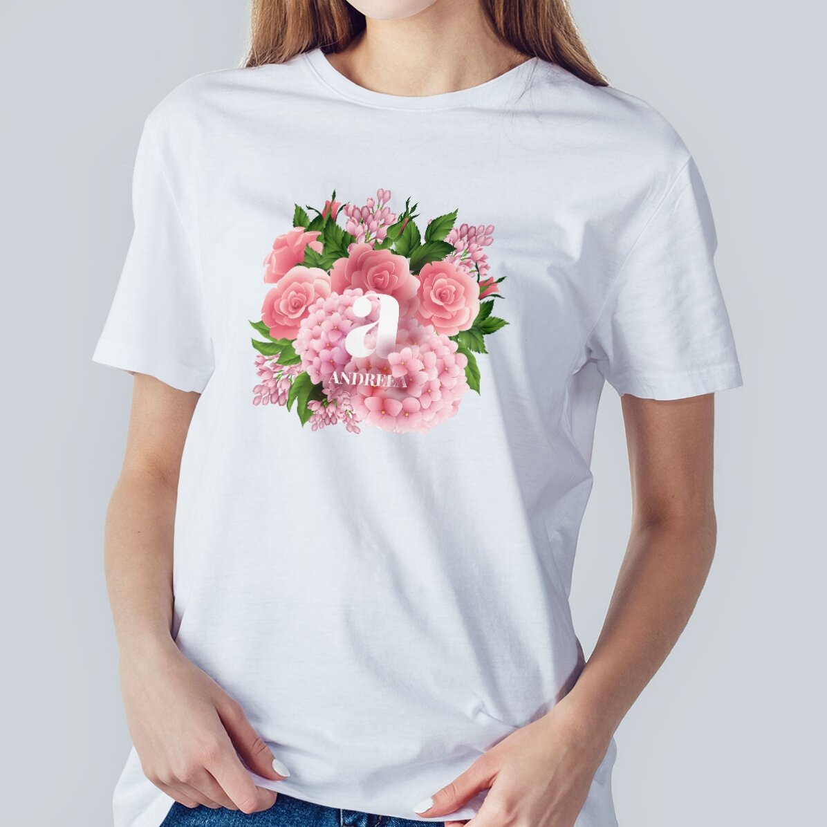 Camiseta de algodón personalizada con iniciales y nombre - Flores de primavera