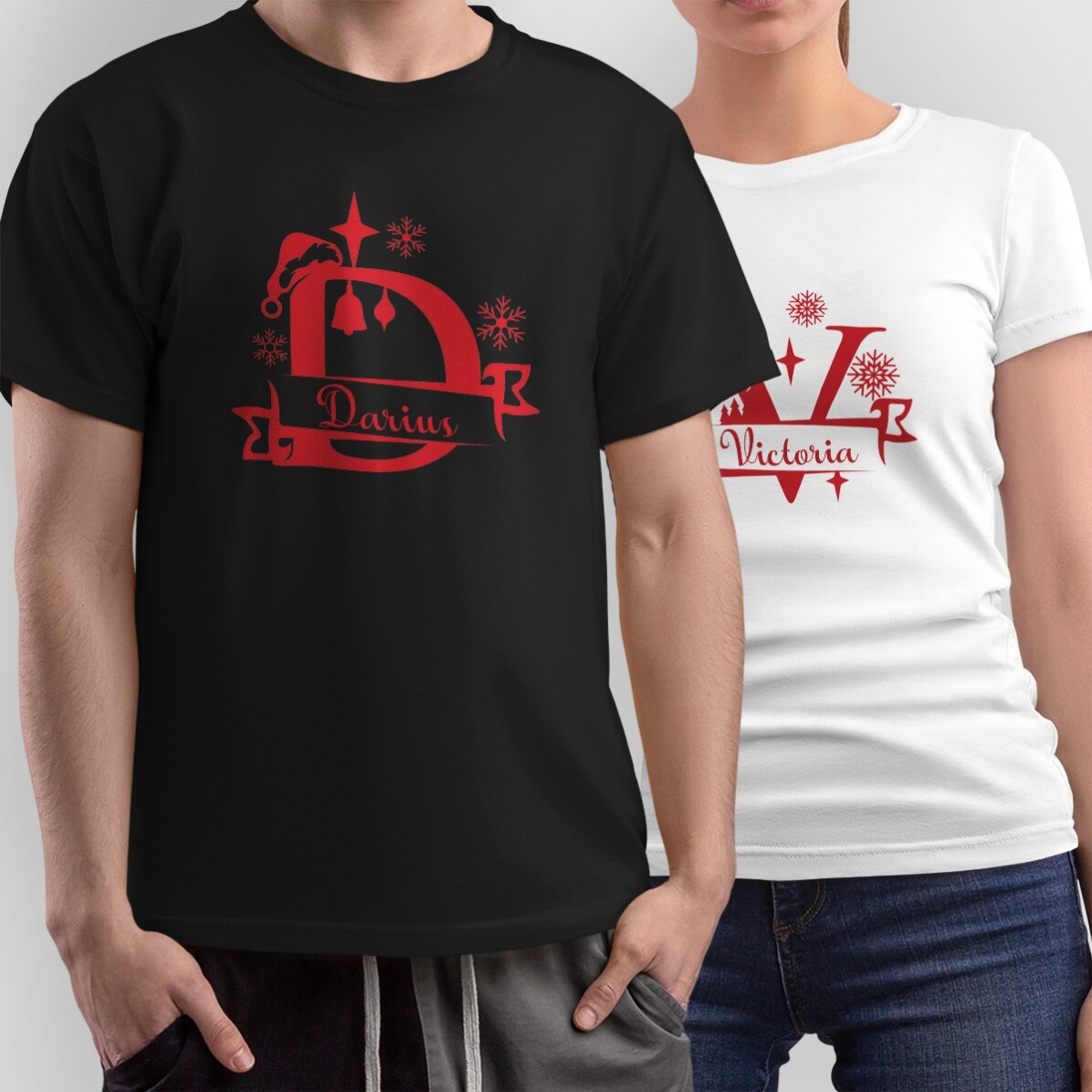 Camiseta de algodón personalizada con iniciales y nombre - modelo navideño