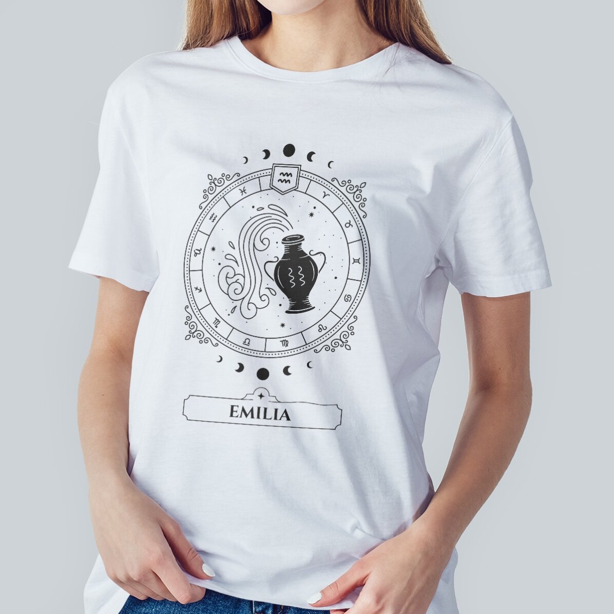 Camiseta de algodón personalizada con nombre y signo del zodiaco: Acuario
