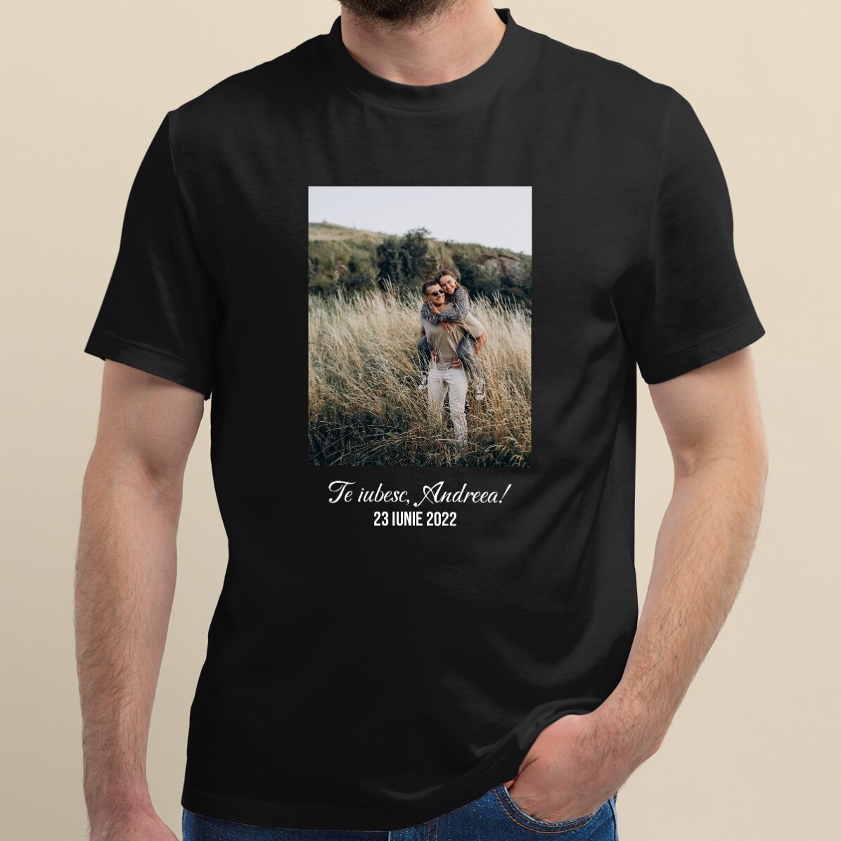 Camiseta de algodón personalizada con una foto de retrato y un texto