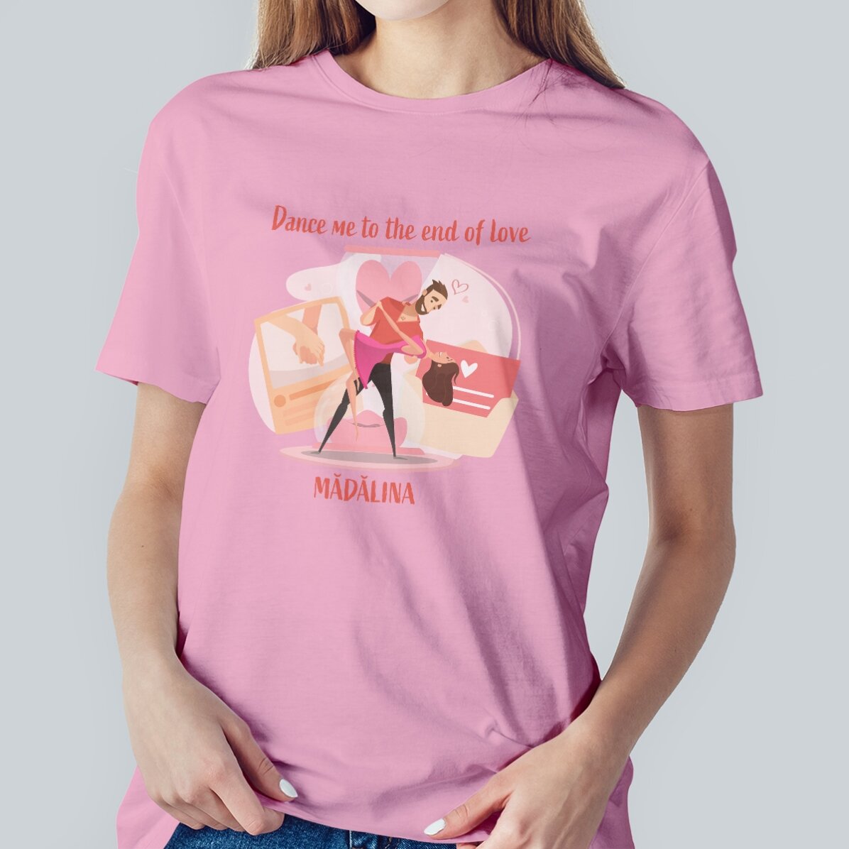 Camiseta de algodón personalizada con texto: «Dance me to the end of love»