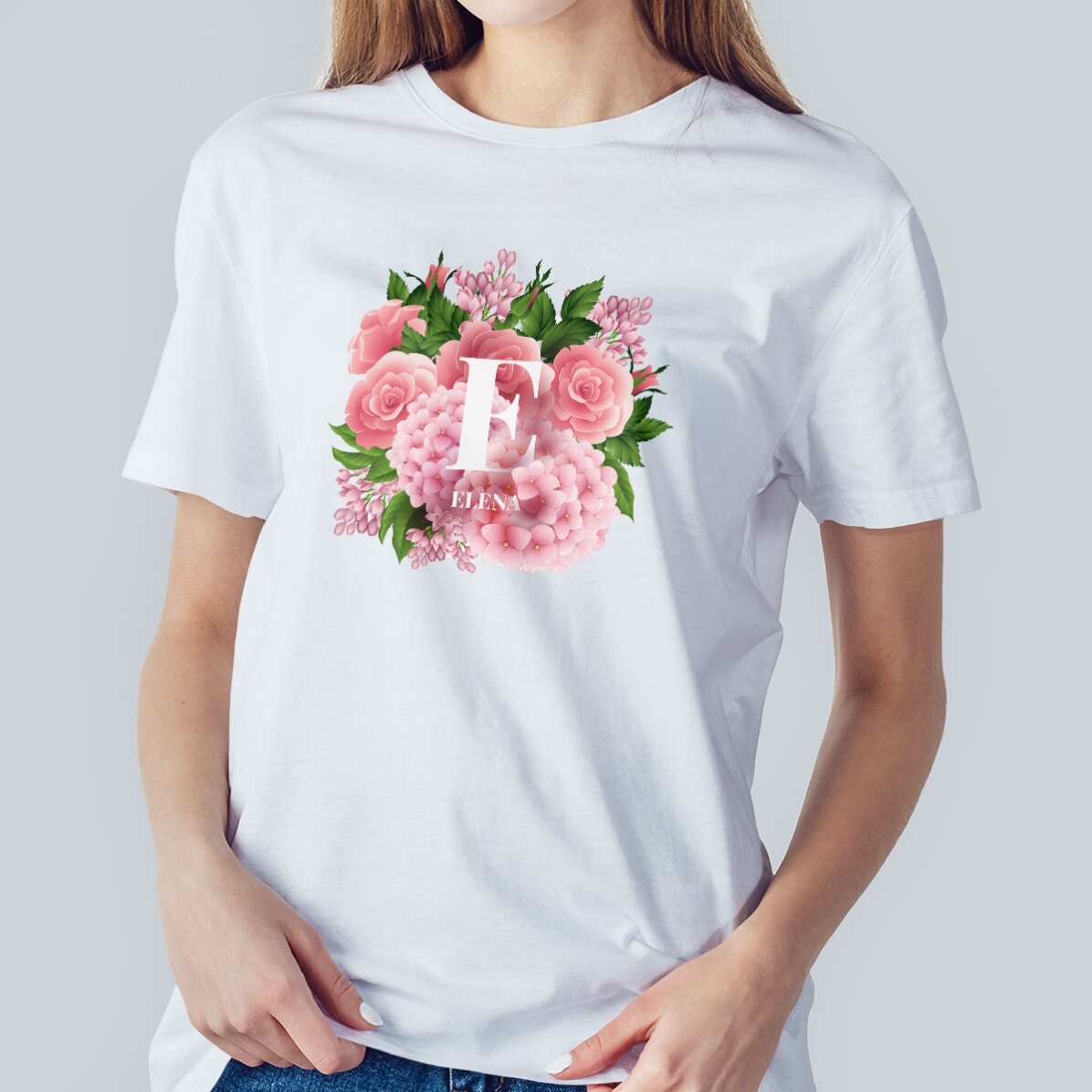 Camiseta de algodón personalizada con iniciales y nombre - Flores de primavera