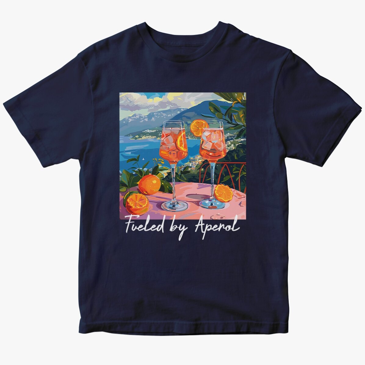Camiseta de algodón personalizada con texto: «Fueled by Aperol»