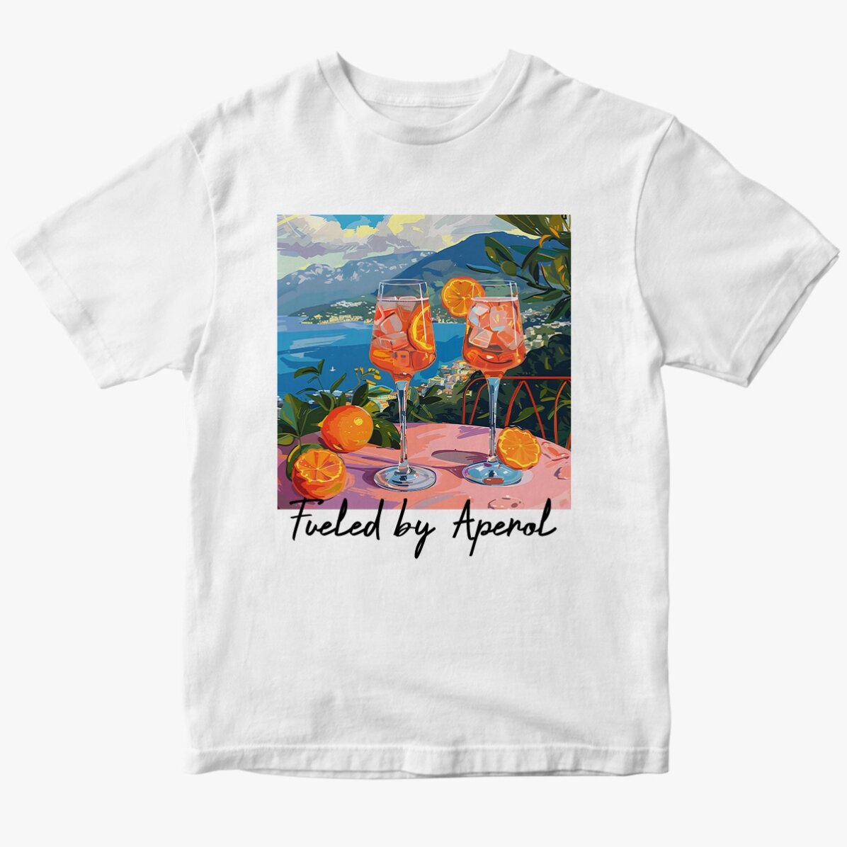 Camiseta de algodón personalizada con texto: «Fueled by Aperol»