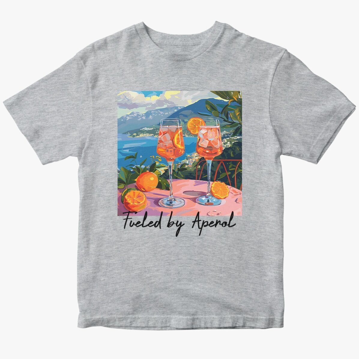 Camiseta de algodón personalizada con texto: «Fueled by Aperol»