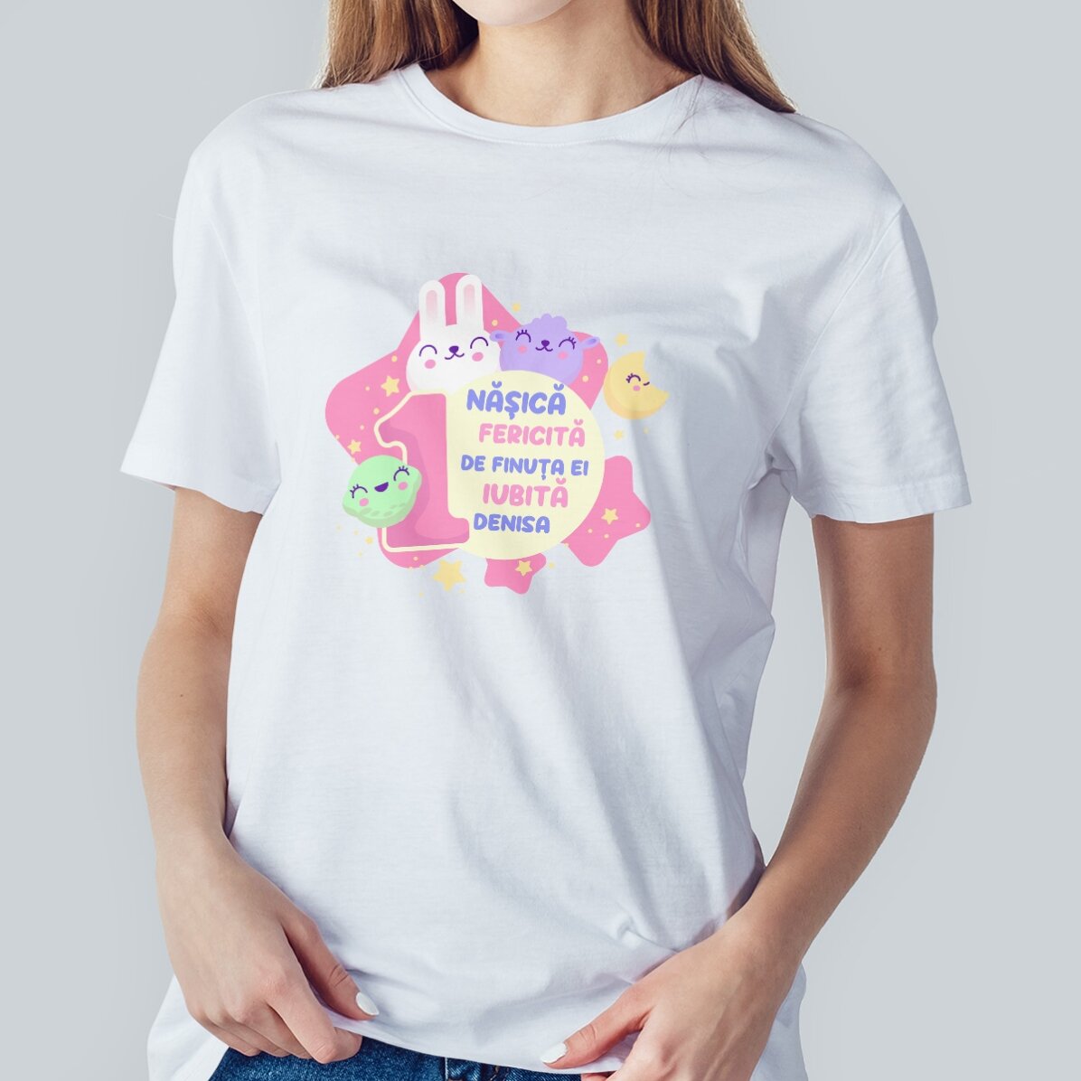 Camiseta de algodón personalizada con texto (modelo para niñas) - 1.º aniversario