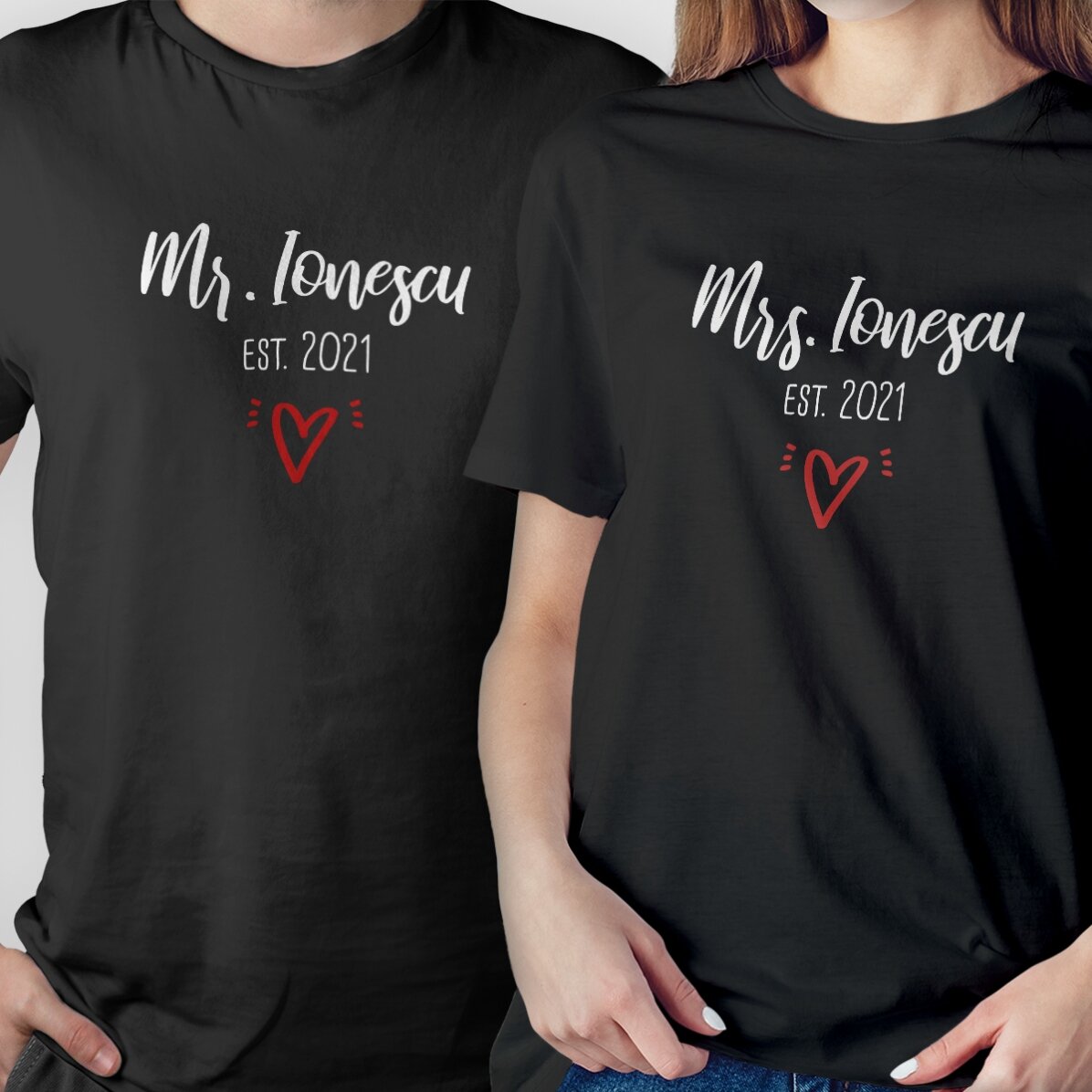 Camiseta de algodón personalizada con texto: «Mr & Mrs»