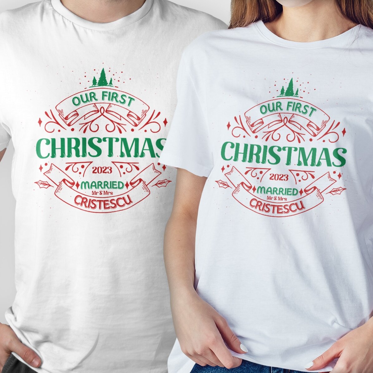 Camiseta de algodón personalizada con el texto «Our first Christmas»