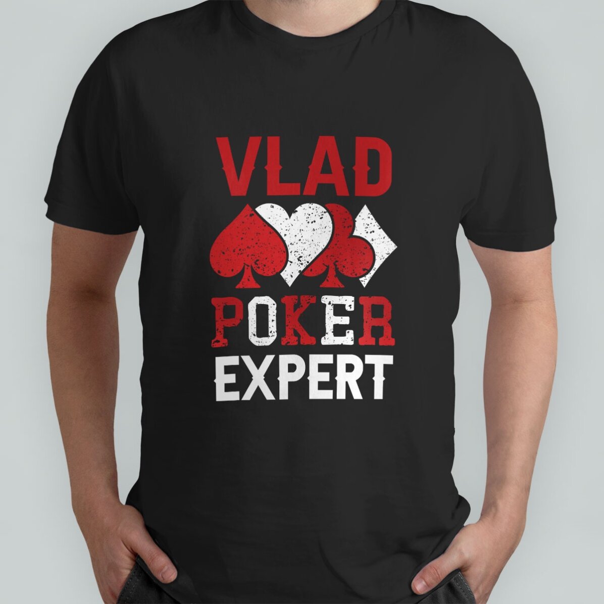 Camiseta de algodón personalizada con texto: «Experto en póquer»