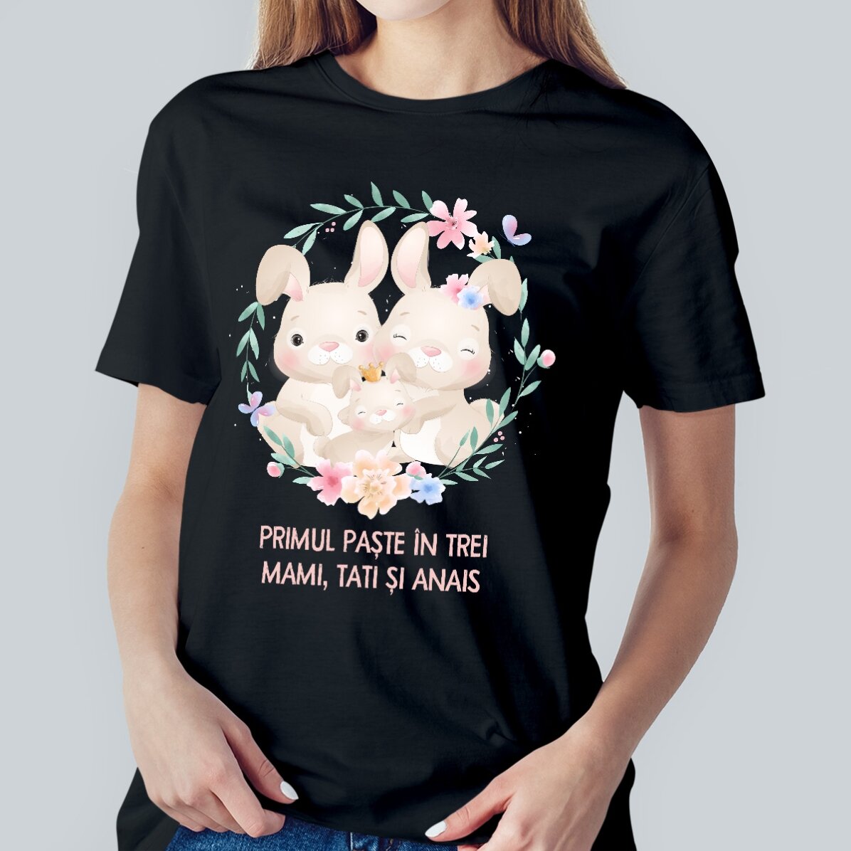 Camiseta de algodón personalizada con texto: «Primera Pascua en tres»
